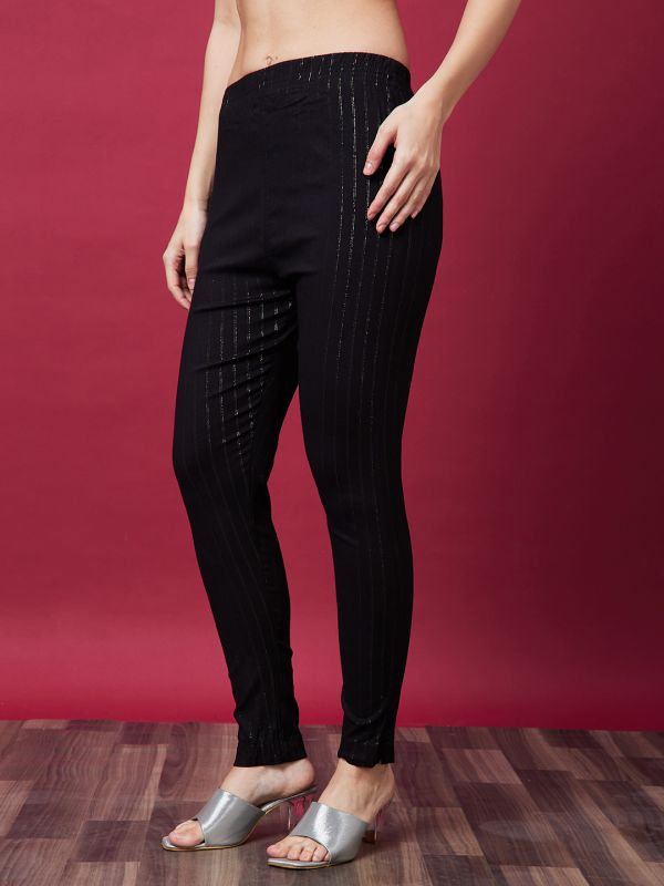 Globus Women Black Striped Mid-Rise Ethnic Cigarette Trouser