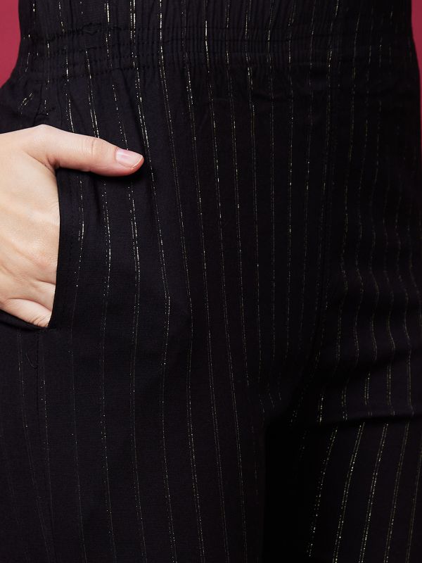 Globus Women Black Striped Mid-Rise Ethnic Cigarette Trouser