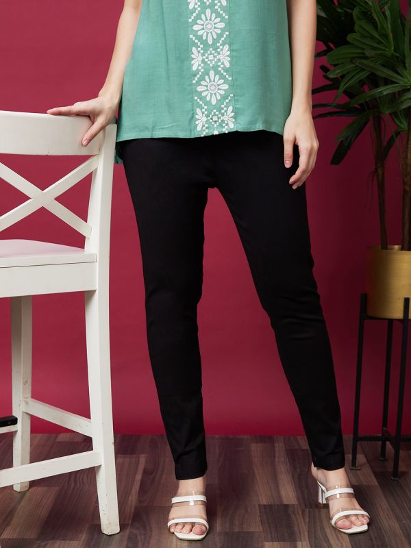 Globus Women Black Solid Mid Rise Ethnic Cigarette Trousers