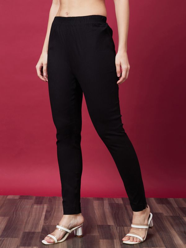 Globus Women Black Solid Mid Rise Ethnic Cigarette Trousers