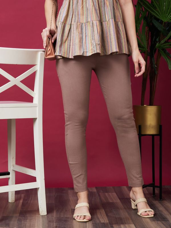 Globus Women Taupe Solid Mid Rise Ethnic Cigarette Trousers