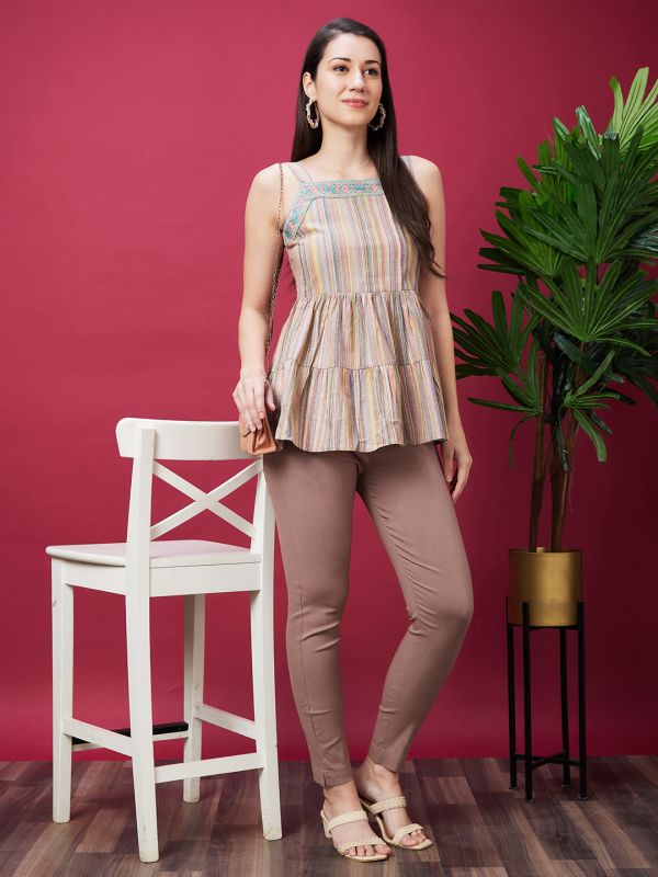 Globus Women Taupe Solid Mid Rise Ethnic Cigarette Trousers