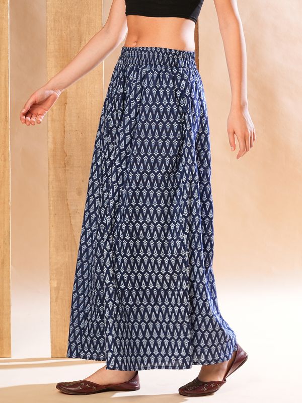 Globus Women Indigo Allover Ethnic Printed Elasticated Waistband Flared Panelled Palazzos