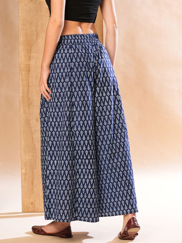 Globus Women Indigo Allover Ethnic Printed Elasticated Waistband Flared Panelled Palazzos