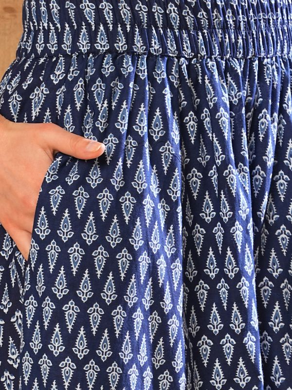 Globus Women Indigo Allover Ethnic Printed Elasticated Waistband Flared Panelled Palazzos