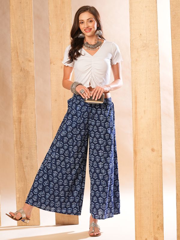 Globus Women Indigo Allover Ethnic Printed Elasticated Waistband Flared Panelled Palazzos