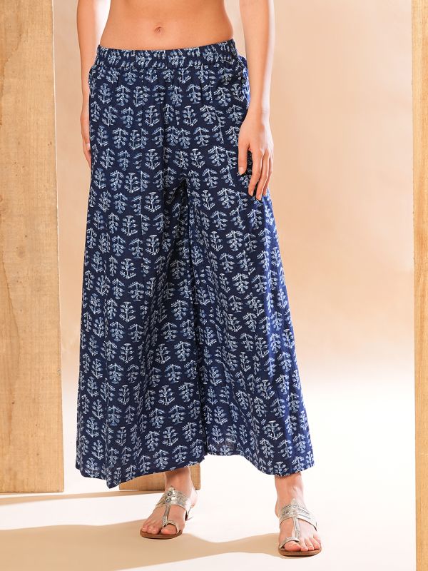 Globus Women Indigo Allover Ethnic Printed Elasticated Waistband Flared Panelled Palazzos