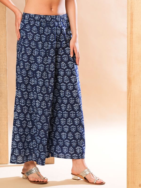 Globus Women Indigo Allover Ethnic Printed Elasticated Waistband Flared Panelled Palazzos