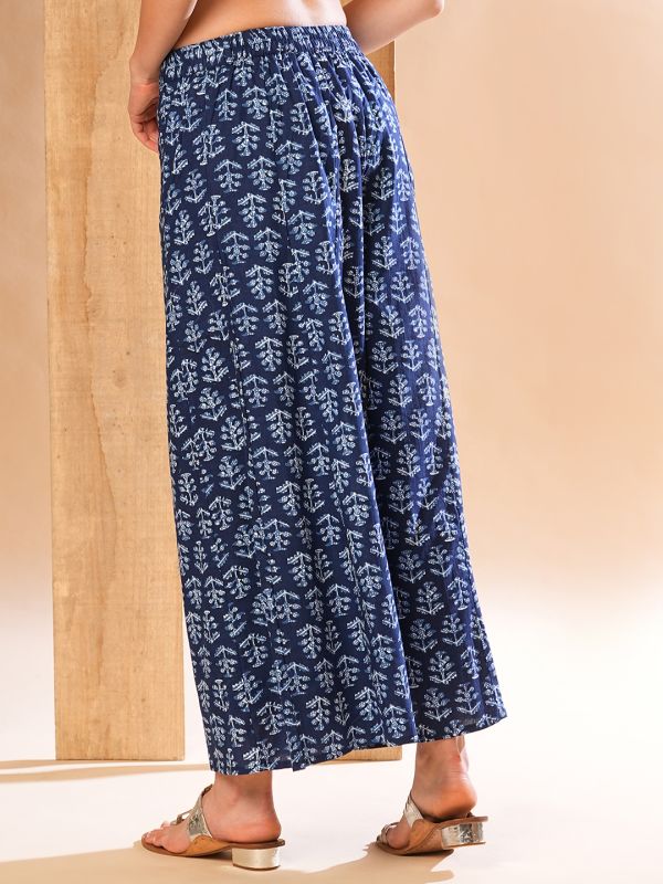 Globus Women Indigo Allover Ethnic Printed Elasticated Waistband Flared Panelled Palazzos