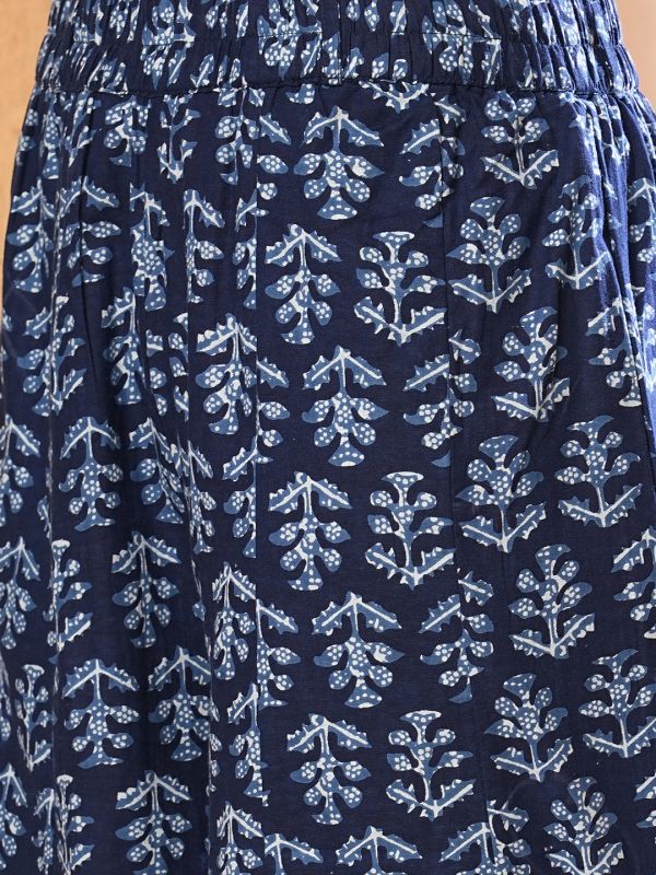 Globus Women Indigo Allover Ethnic Printed Elasticated Waistband Flared Panelled Palazzos