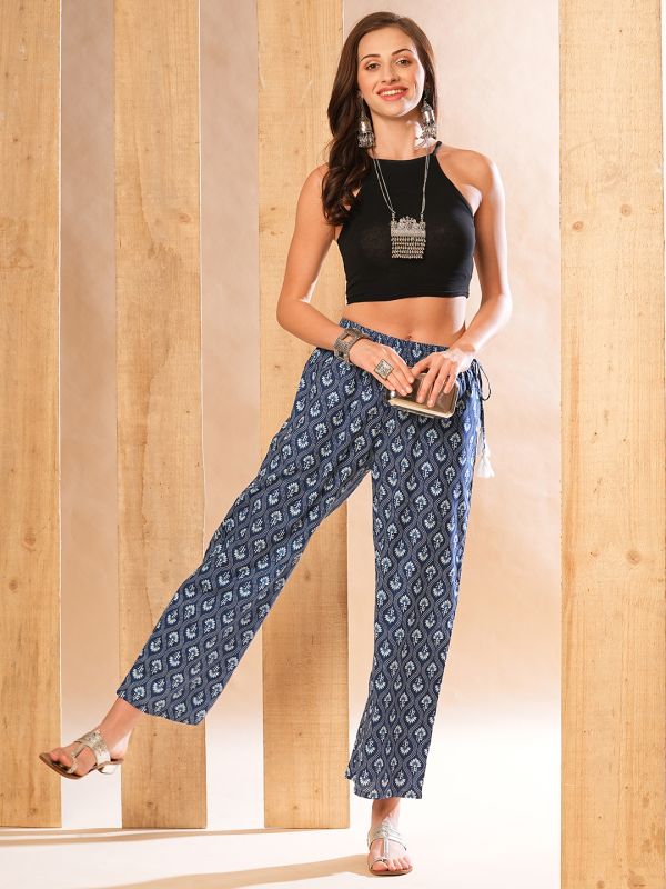 Globus Women Indigo Allover Floral Ethnic Printed Straight Palazzos With Tassel Dori