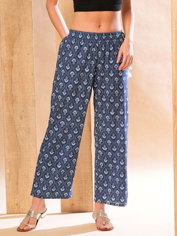 Globus Women Indigo Allover Floral Ethnic Printed Straight Palazzos With Tassel Dori