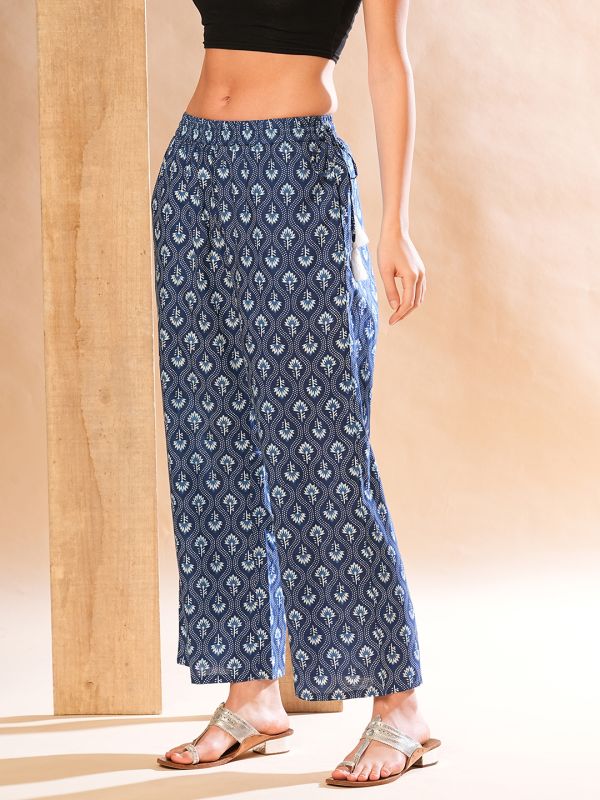 Globus Women Indigo Allover Floral Ethnic Printed Straight Palazzos With Tassel Dori