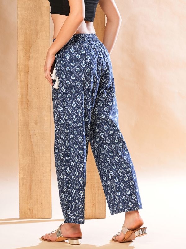 Globus Women Indigo Allover Floral Ethnic Printed Straight Palazzos With Tassel Dori