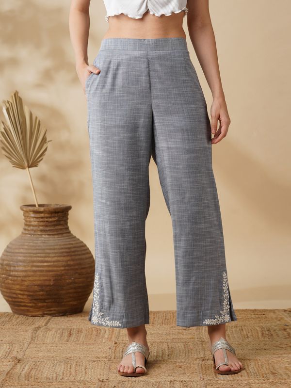 Globus Women Blue Chambray Floral Hem Embroidered Mid Rise Flat Front Pants