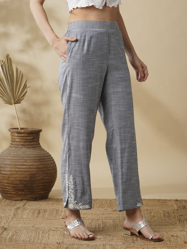 Globus Women Blue Chambray Floral Hem Embroidered Mid Rise Flat Front Pants