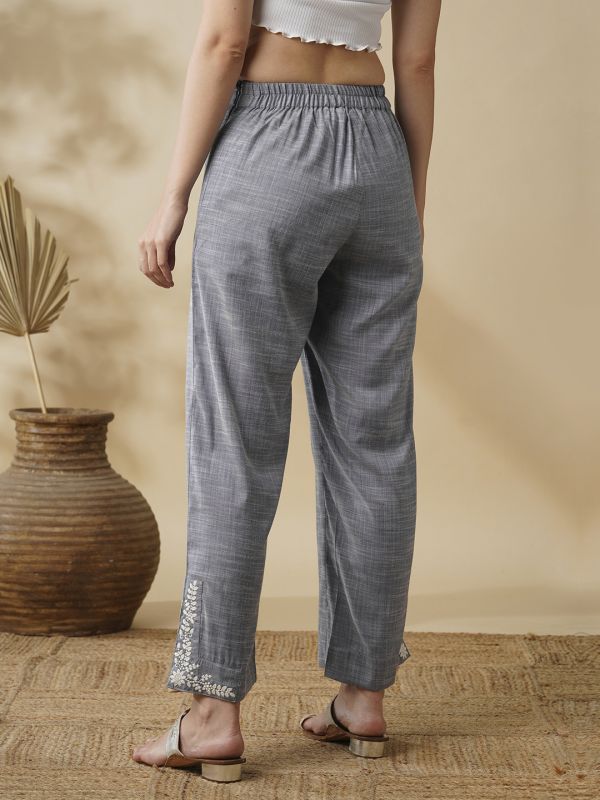 Globus Women Blue Chambray Floral Hem Embroidered Mid Rise Flat Front Pants