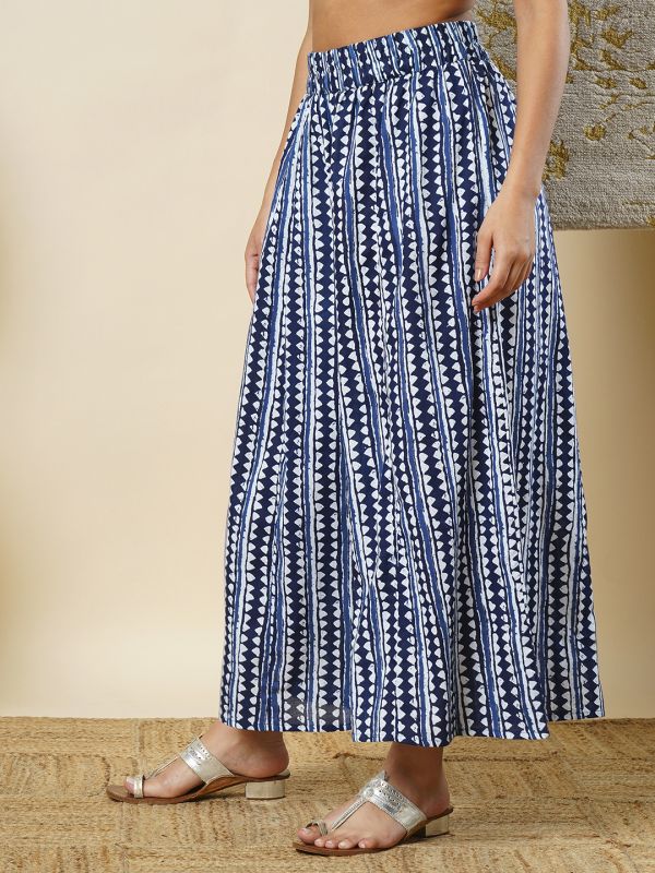 Globus Women Indigo Geometric Border Printed Elasticated Waistband Flared Ethnic Palazzos