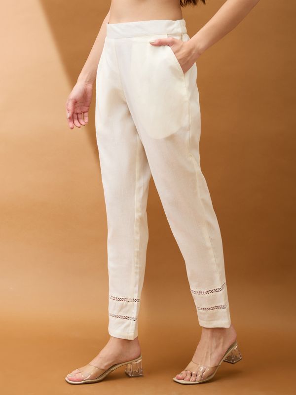 Globus Women Off White Self Design Lace Detail Mid Rise Parallel Pant