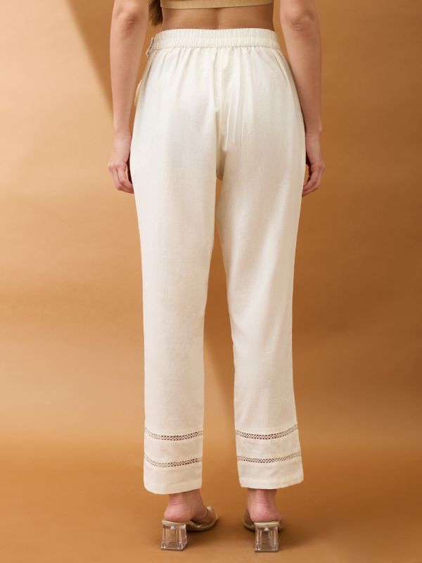 Globus Women Off White Self Design Lace Detail Mid Rise Parallel Pant