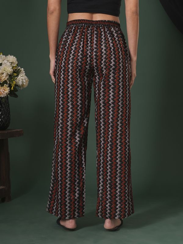 Globus Women Black Cotton Chevron Print Mid-Rise Ethnic Parallel Trousers