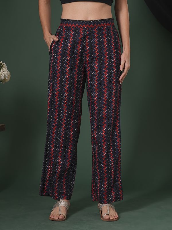 Globus Women Blue Cotton Chevron Print Mid-Rise Ethnic Parallel Trousers