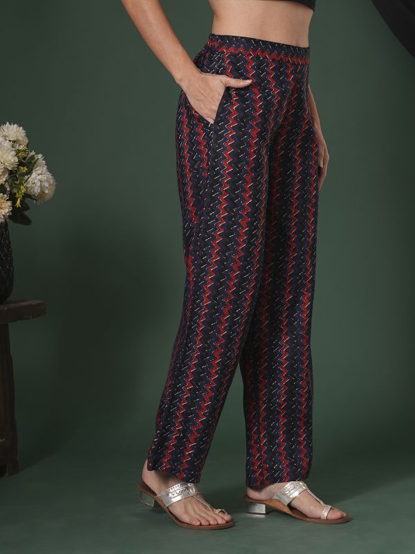 Globus Women Blue Cotton Chevron Print Mid-Rise Ethnic Parallel Trousers