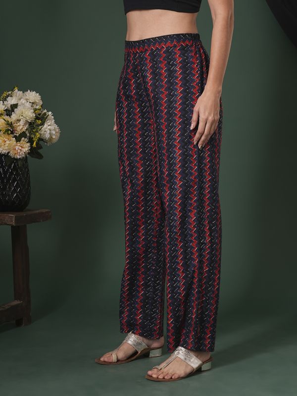 Globus Women Blue Cotton Chevron Print Mid-Rise Ethnic Parallel Trousers
