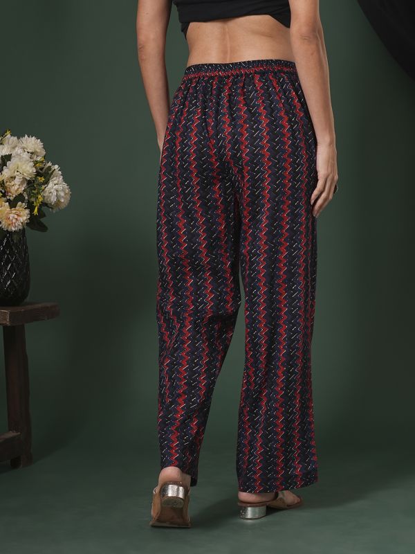 Globus Women Blue Cotton Chevron Print Mid-Rise Ethnic Parallel Trousers