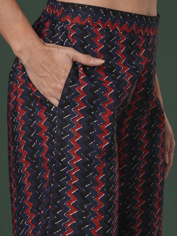 Globus Women Blue Cotton Chevron Print Mid-Rise Ethnic Parallel Trousers