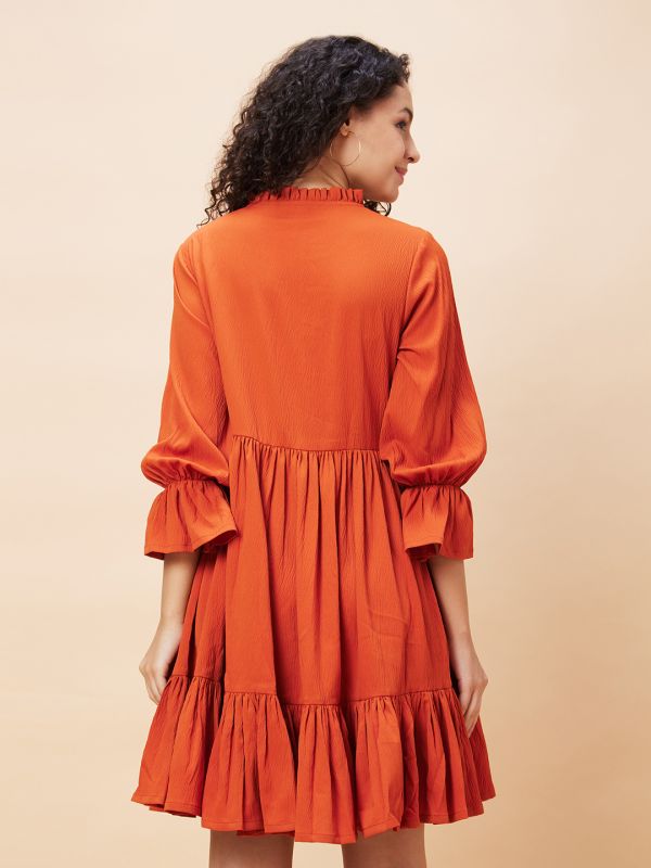 Globus Women Rust Solid Tie-Up Neck Casual Tiered A-Line Dress