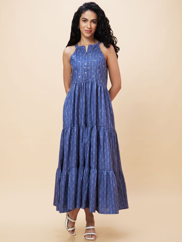 Globus Women Blue Self Design Halter Neck Sleeveless Casual A-Line Maxi Tiered Dress with Abla Embroidery