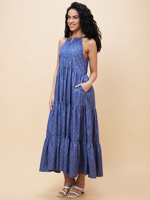 Globus Women Blue Self Design Halter Neck Sleeveless Casual A-Line Maxi Tiered Dress with Abla Embroidery