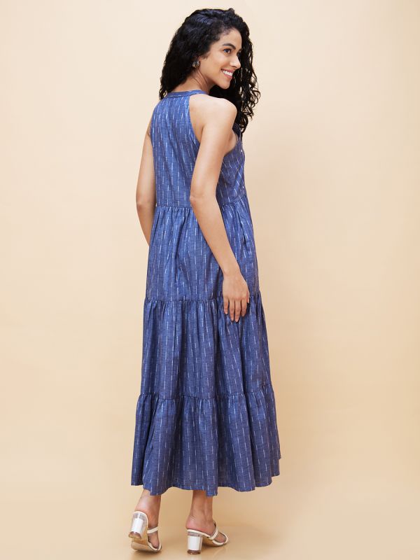 Globus Women Blue Self Design Halter Neck Sleeveless Casual A-Line Maxi Tiered Dress with Abla Embroidery