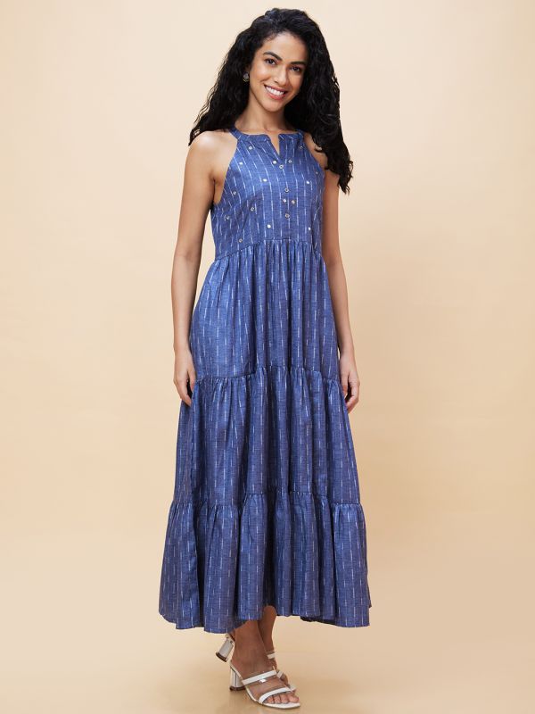 Globus Women Blue Self Design Halter Neck Sleeveless Casual A-Line Maxi Tiered Dress with Abla Embroidery