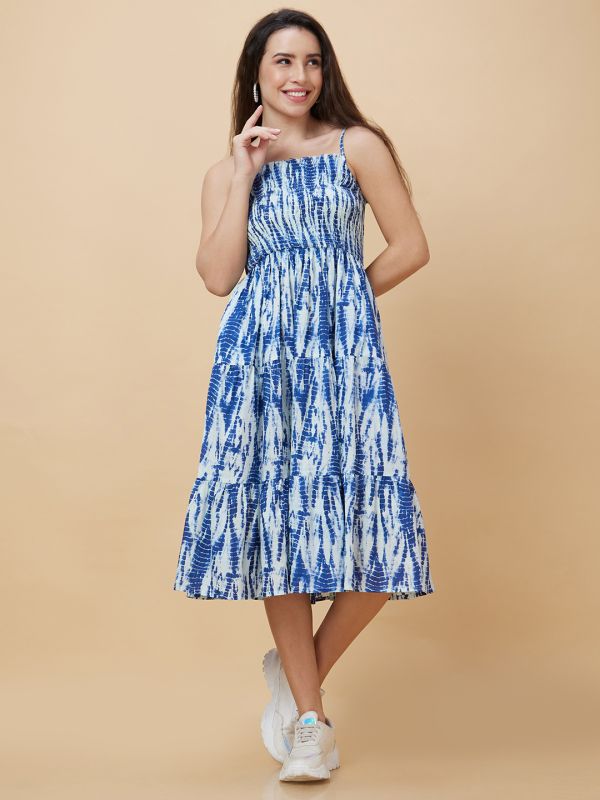 Globus Women Blue Tie-Dye Smocked Square Neck Casual Strappy Midi Fit And Flare Tiered Dress