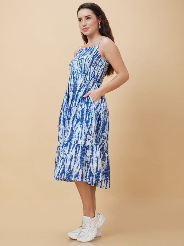 Globus Women Blue Tie-Dye Smocked Square Neck Casual Strappy Midi Fit And Flare Tiered Dress