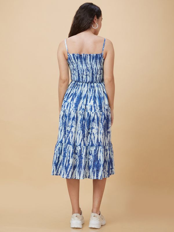 Globus Women Blue Tie-Dye Smocked Square Neck Casual Strappy Midi Fit And Flare Tiered Dress