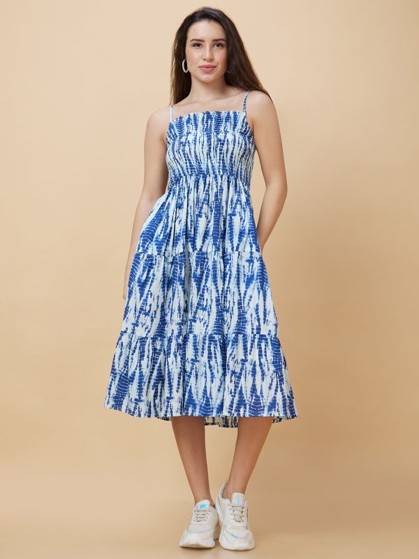 Globus Women Blue Tie-Dye Smocked Square Neck Casual Strappy Midi Fit And Flare Tiered Dress