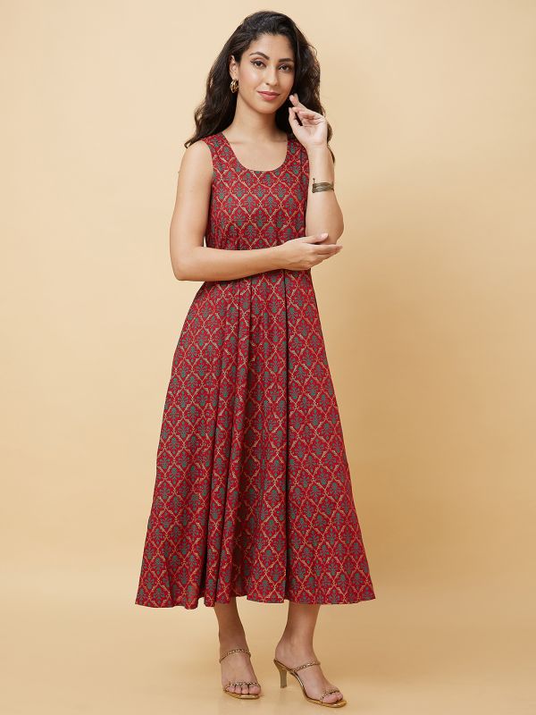 Globus Women Maroon Ethnic Motifs Print With Embroidered Belt A-Line Maxi Dress