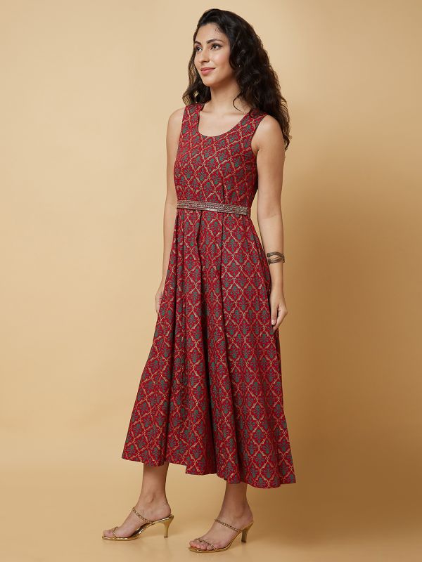 Globus Women Maroon Ethnic Motifs Print With Embroidered Belt A-Line Maxi Dress