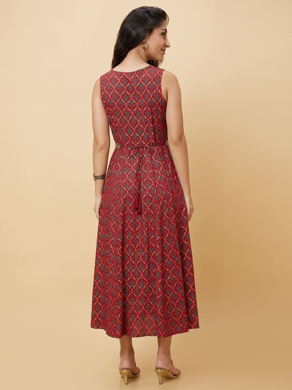 Globus Women Maroon Ethnic Motifs Print With Embroidered Belt A-Line Maxi Dress