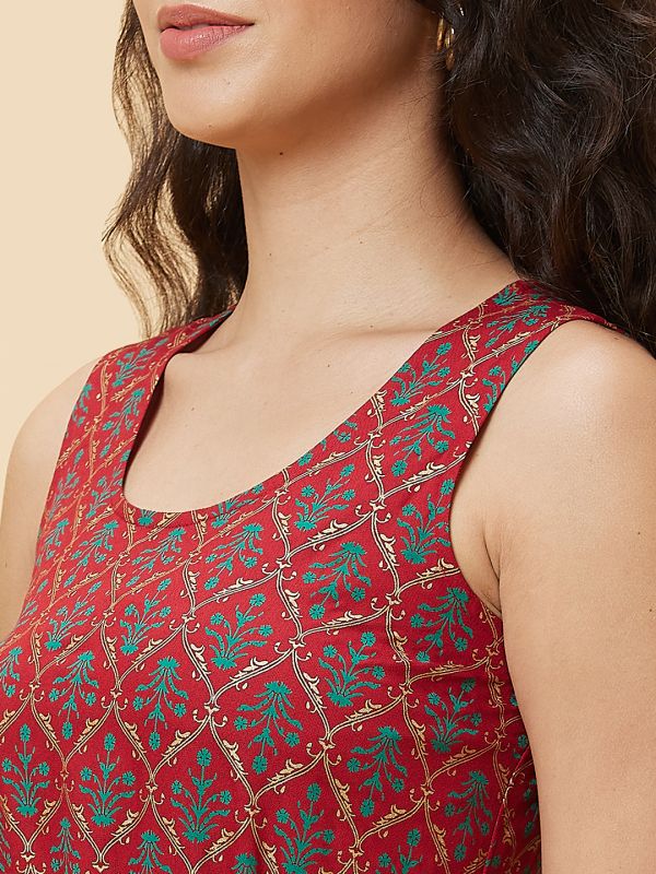 Globus Women Maroon Ethnic Motifs Print With Embroidered Belt A-Line Maxi Dress