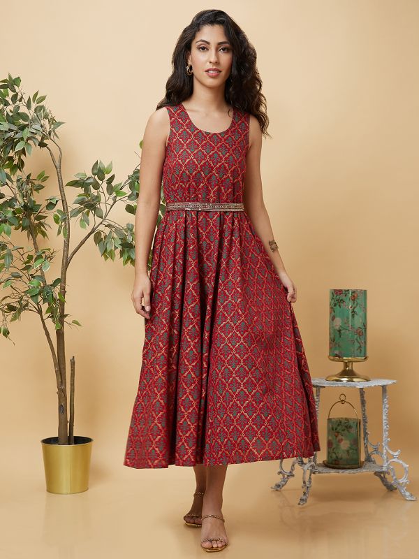 Globus Women Maroon Ethnic Motifs Print With Embroidered Belt A-Line Maxi Dress