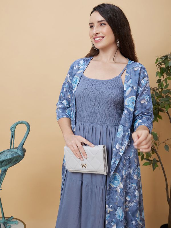 Globus Women Blue Smocked Strappy Round Neck Casual Maxi Fit And Flare Tiered Dress with Floral Print Shrug