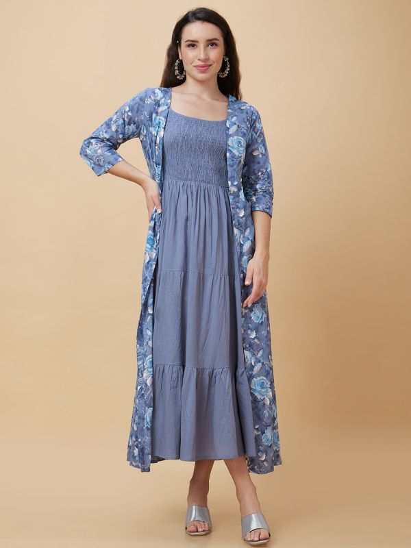 Globus Women Blue Smocked Strappy Round Neck Casual Maxi Fit And Flare Tiered Dress with Floral Print Shrug