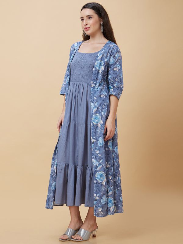 Globus Women Blue Smocked Strappy Round Neck Casual Maxi Fit And Flare Tiered Dress with Floral Print Shrug