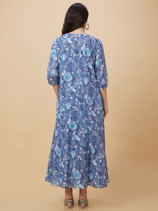 Globus Women Blue Smocked Strappy Round Neck Casual Maxi Fit And Flare Tiered Dress with Floral Print Shrug