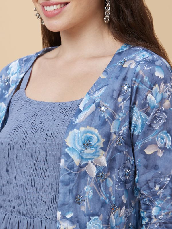 Globus Women Blue Smocked Strappy Round Neck Casual Maxi Fit And Flare Tiered Dress with Floral Print Shrug
