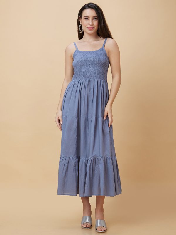 Globus Women Blue Smocked Strappy Round Neck Casual Maxi Fit And Flare Tiered Dress with Floral Print Shrug